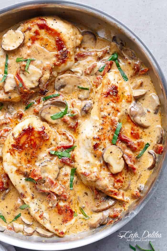 A Creamy Sun Dried Tomato Parmesan Chicken with Mushrooms