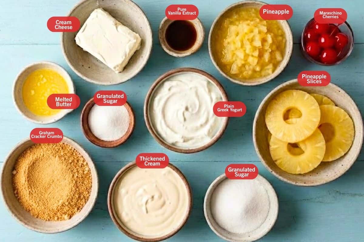 Flat lay photo of graham cracker crumbs, melted butter, granulated sugar, cream cheese block, thickened cream, plain greek yogurt, pure vanilla extract, diced pineapple, pineapple slices, maraschino cherries