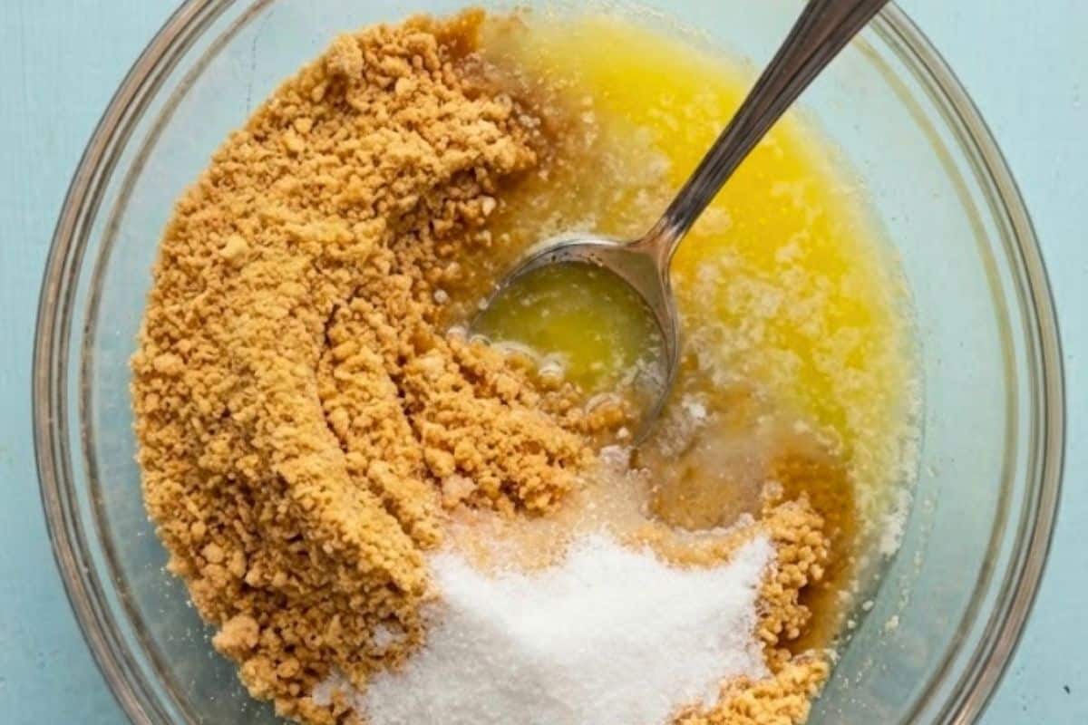 Combine graham cracker crumbs with the melted butter and sugar