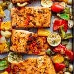 Sheet Pan Chili Lime Salmon pieces on a baking tray