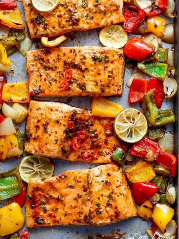 Sheet Pan Chili Lime Salmon with Fajita flavours, and a charred, crispy roasted trio of peppers