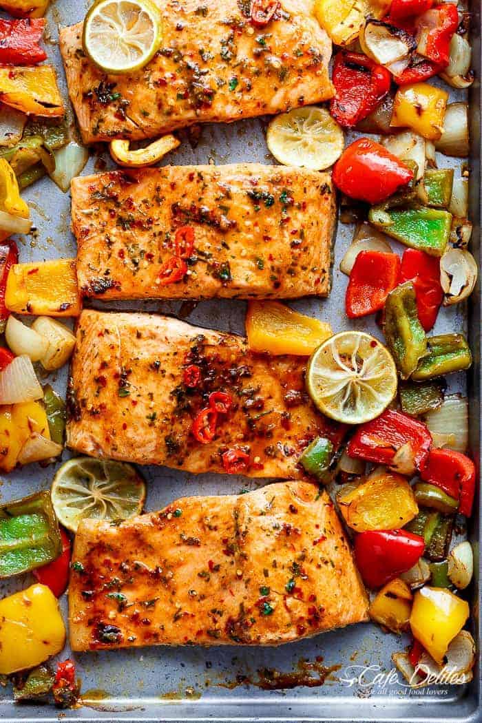 Sheet Pan Chili Lime Salmon with Fajita flavours, and a charred, crispy roasted trio of peppers 