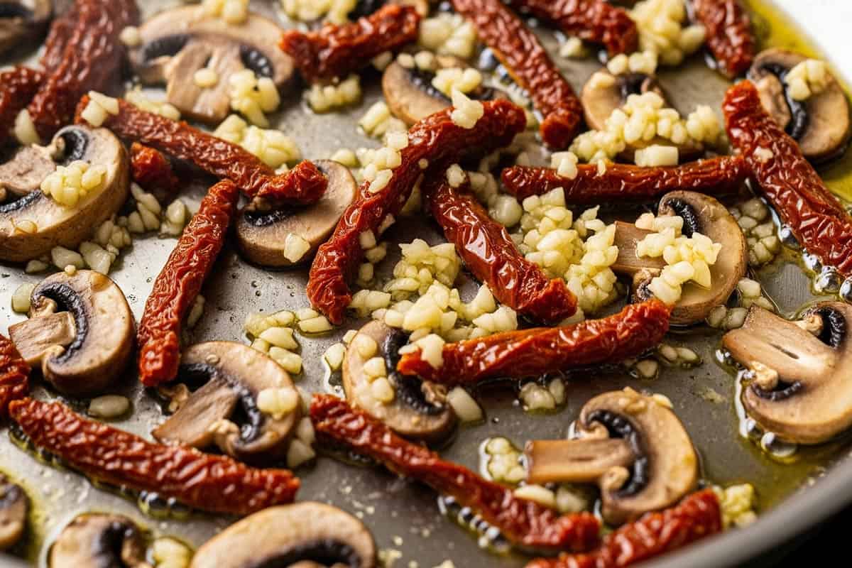 Sautéed garlic with tomatoes and mushrooms.