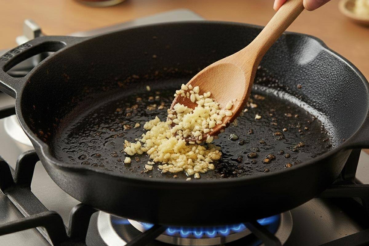 Sautéing the garlic.