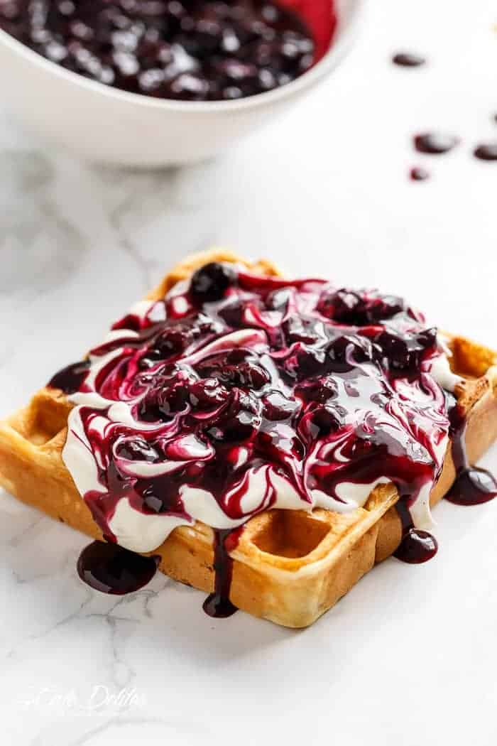 Side view of Classic Blueberry Lemon Cheesecake Waffles