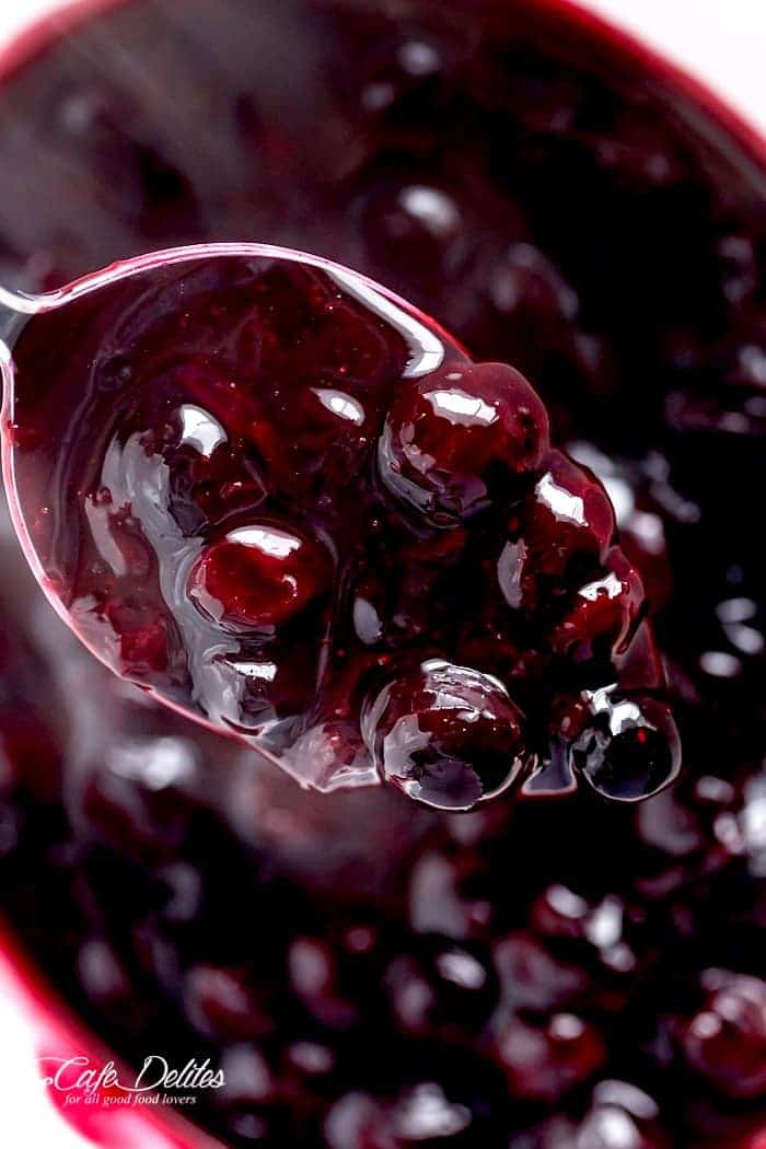 Image focusing on blueberry pieces from Blueberry Sauce