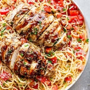 Bruschetta Chicken Pasta Salad on a platter