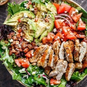 BLT Balsamic Chicken Avocado Salad on a platter