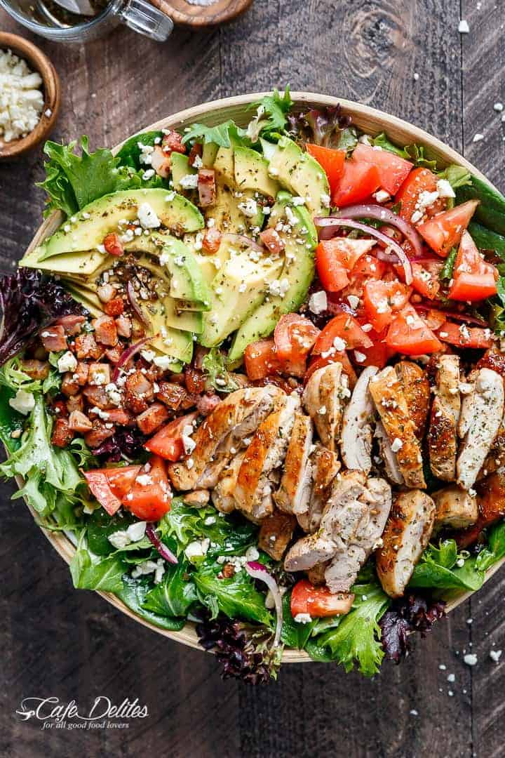 BLT Balsamic Chicken Avocado Salad on a platter