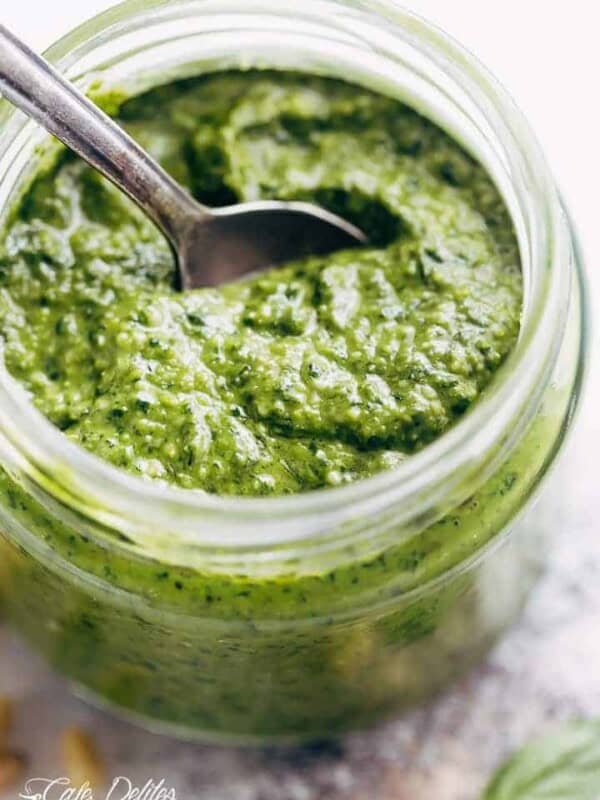 Freshly homemade basil pesto is way better than any store bought pesto, with a flavor-packed punch! All you need is 5 ingredients and a food processor!