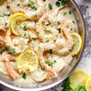 Creamy Lemon Parmesan Shrimp on a platter