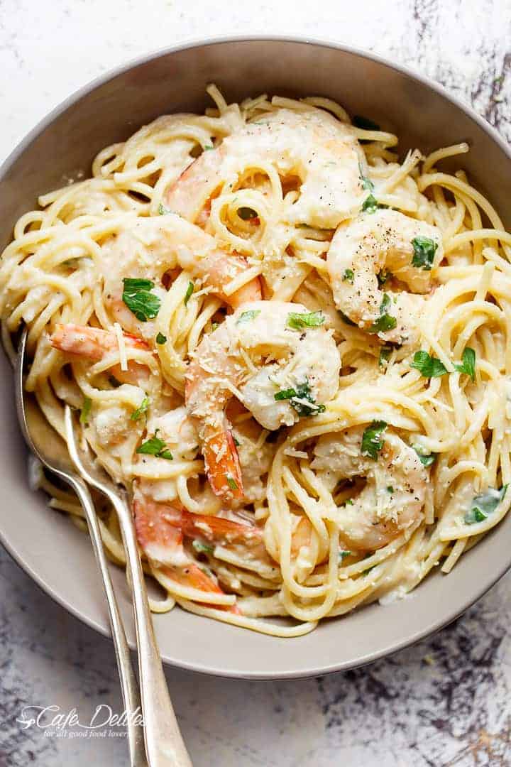 Top view of Creamy Lemon Parmesan Shrimp with spaghetti
