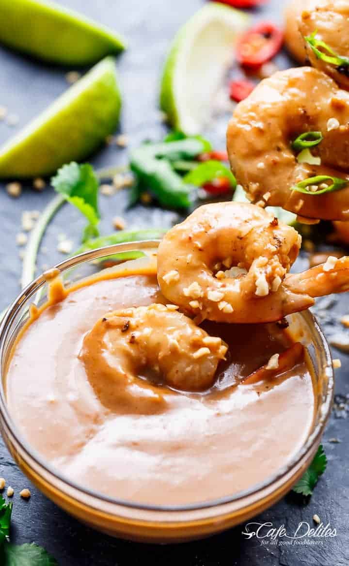 Grilled Satay Shrimp Skewers with Thai-style peanut sauce