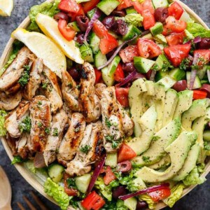 Grilled Lemon Herb Mediterranean Chicken Salad in a plater