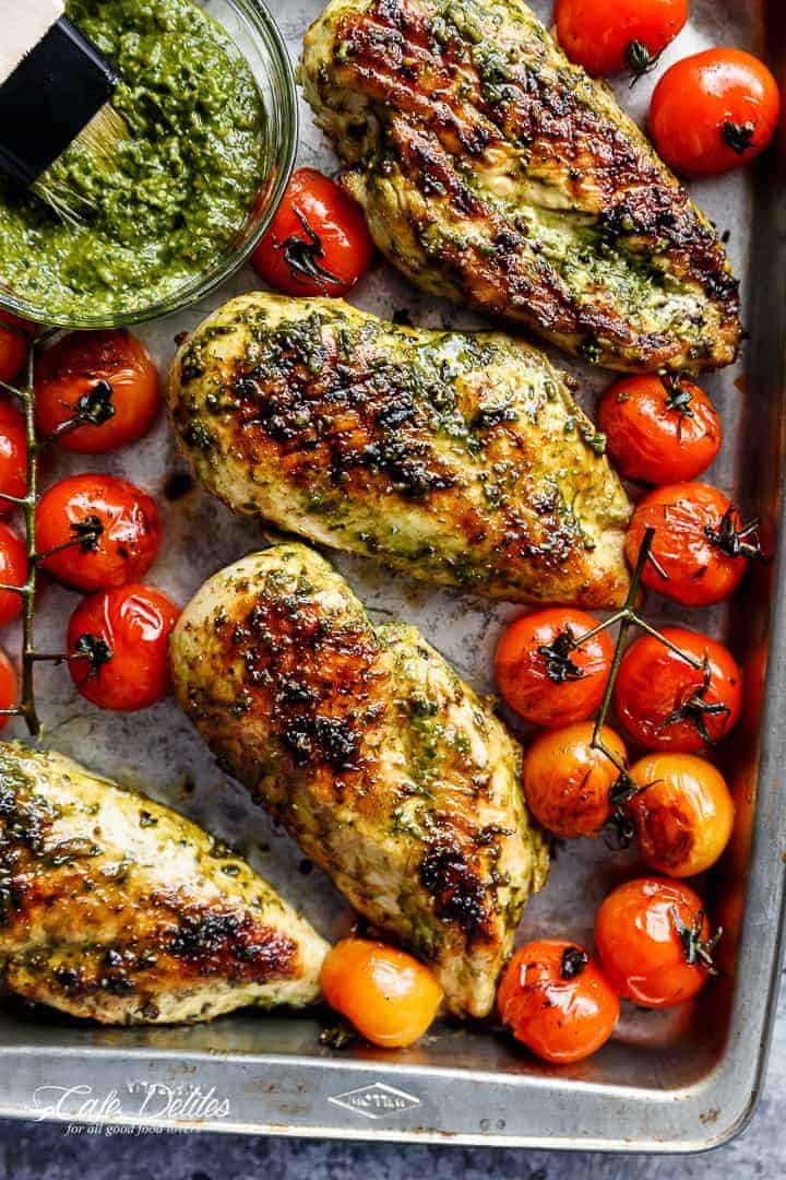 Pesto Chicken GRILLED OR OVEN BAKED, smothered in a creamy, homemade Basil Pesto! Only 2 main ingredients needed, this chicken is out of this world!