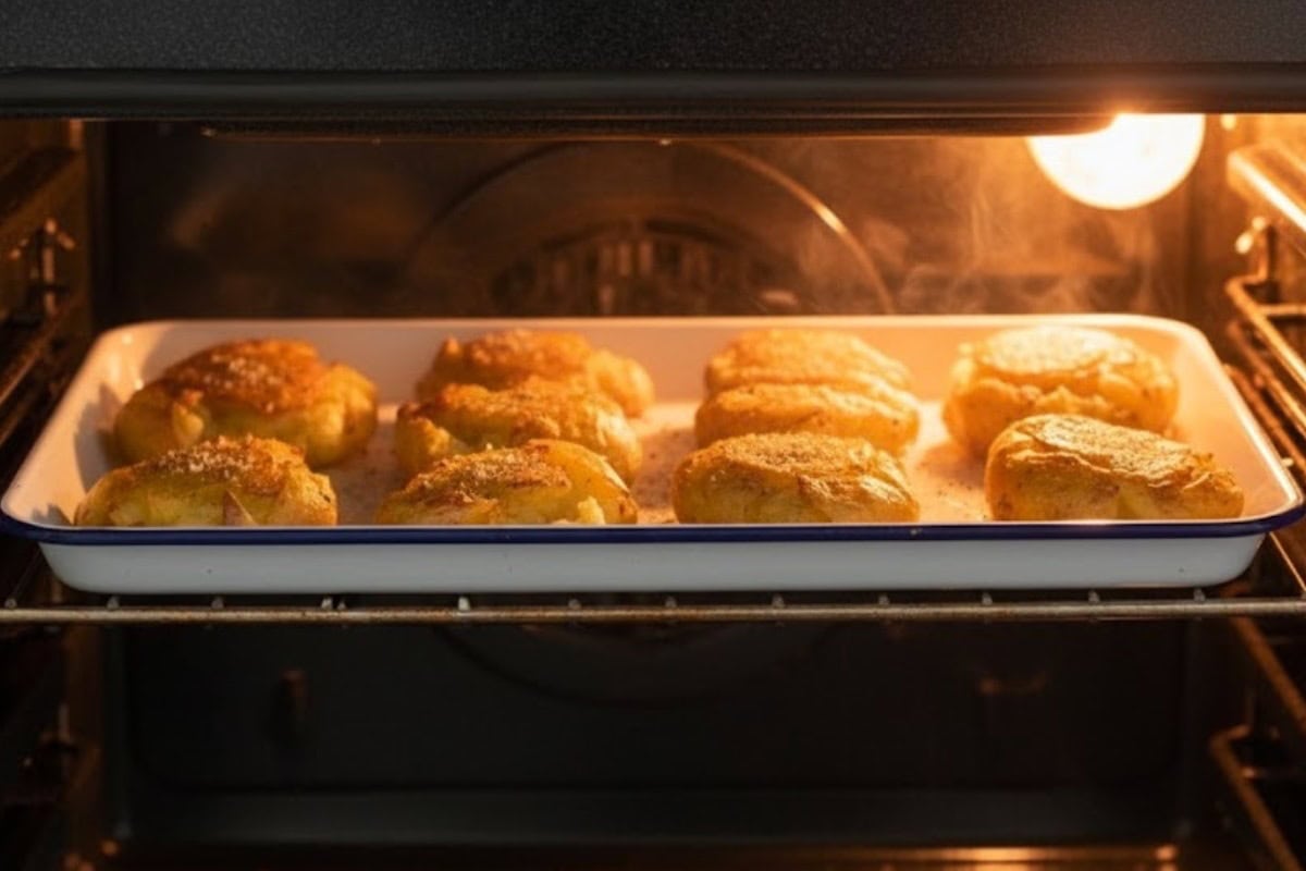 Broil for about 15 minutes or until the potatoes are golden, crisp, and sizzling around the edges.