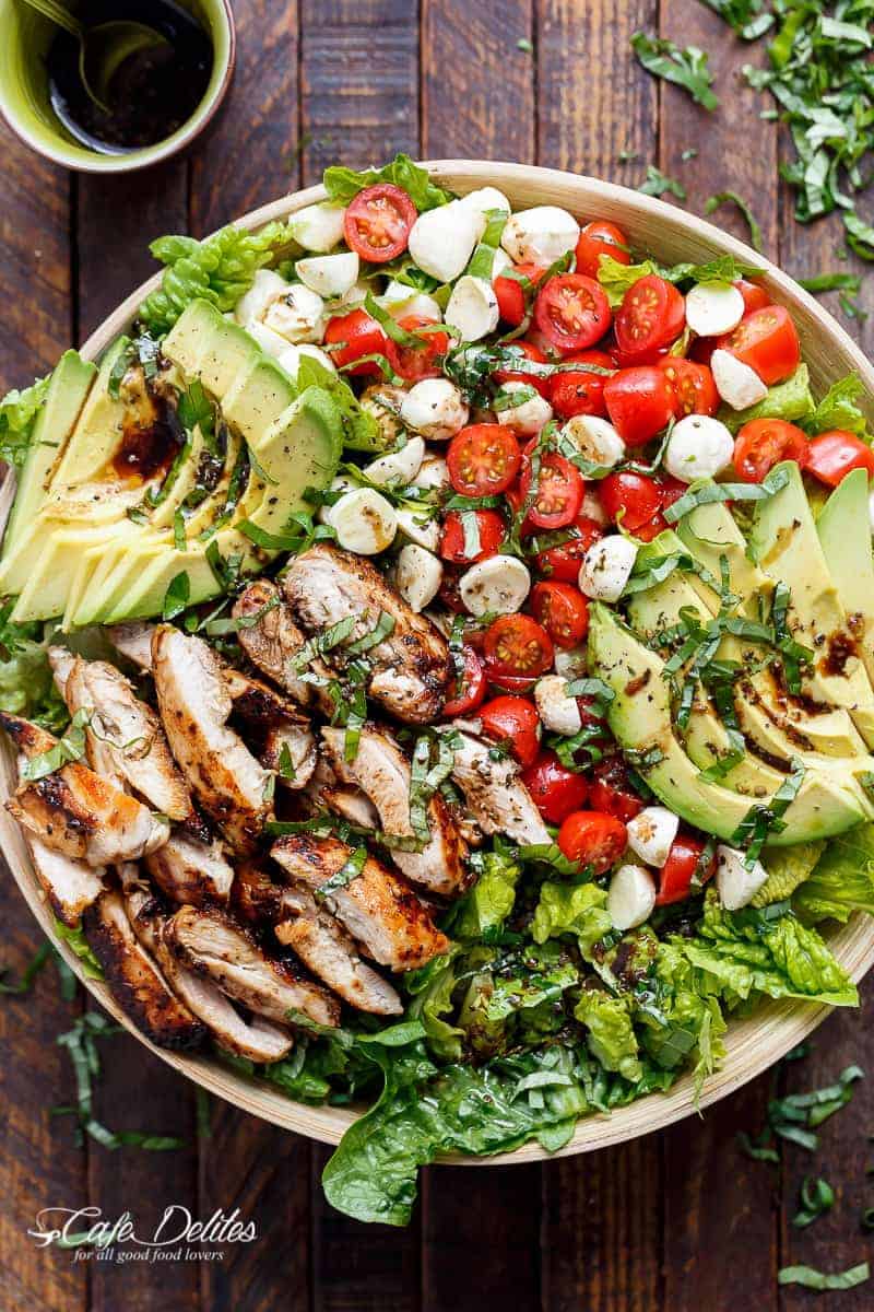 Balsamic Chicken Avocado Caprese Salad drizzled with a balsamic dressing