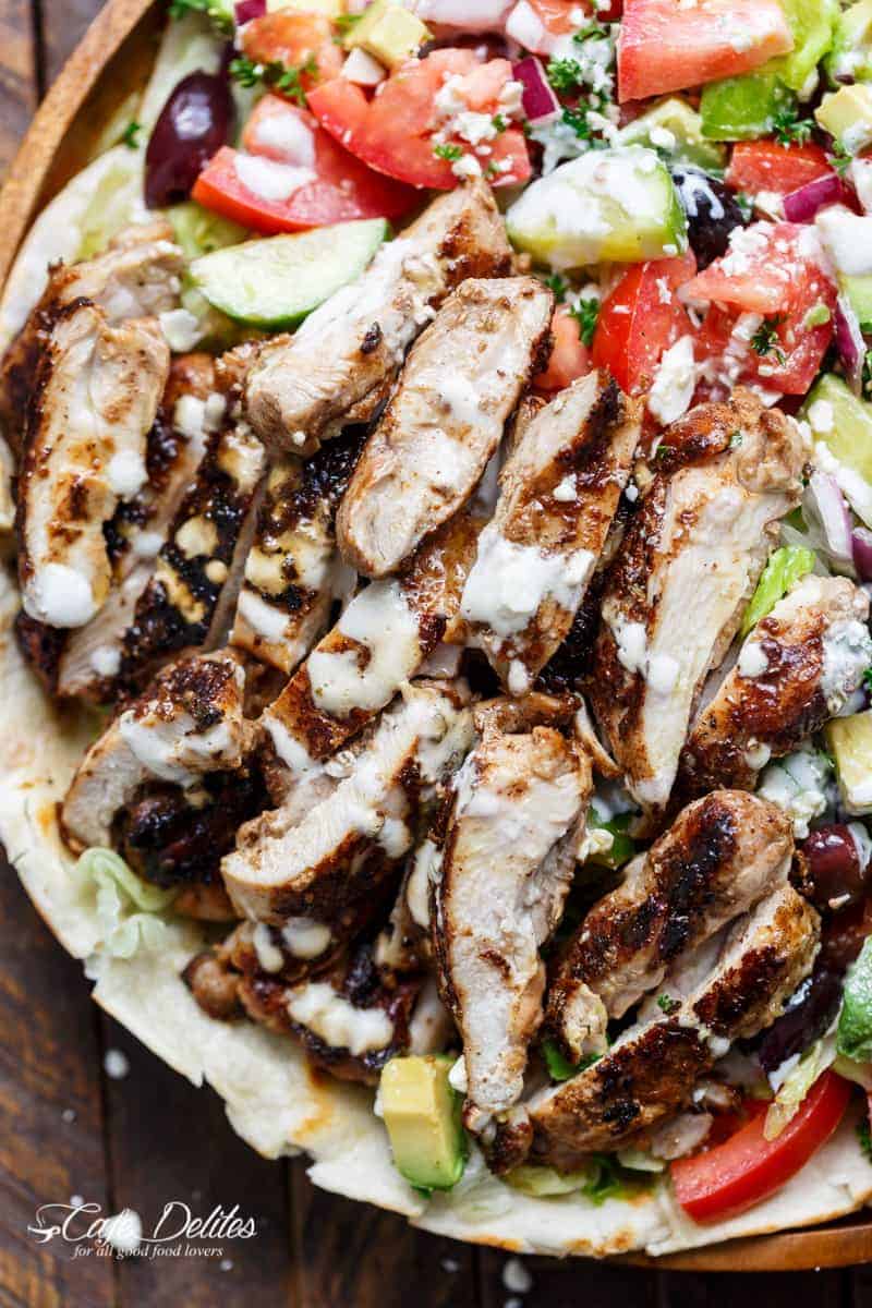 Image focusing on chicken pieces for Chicken Shawarma Salad