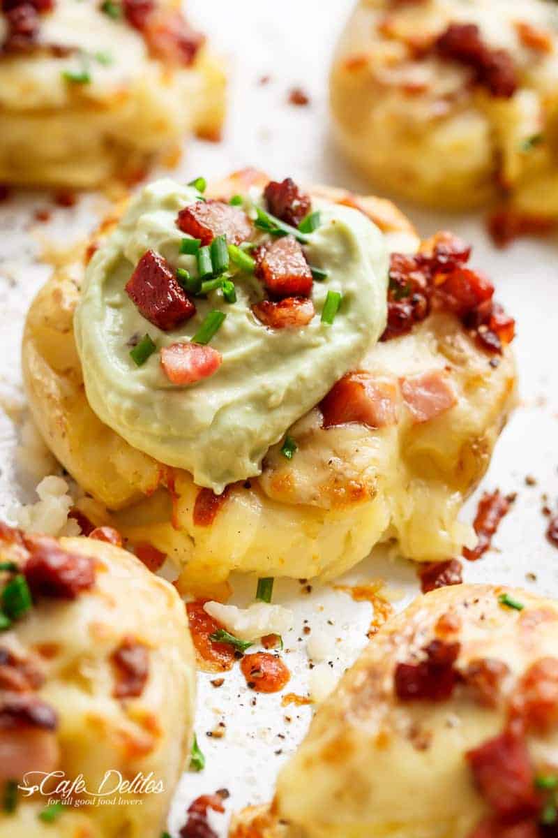 Avocado Crema on cheese bacon smashed potato piece