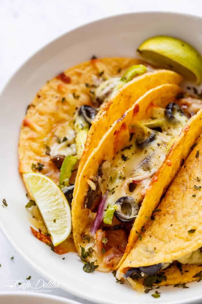 Easy Oven Baked Barbecue Chicken Pizza Tacos are full of pizza flavours, stuffed inside a crispy taco shell, to give you the BEST of both worlds