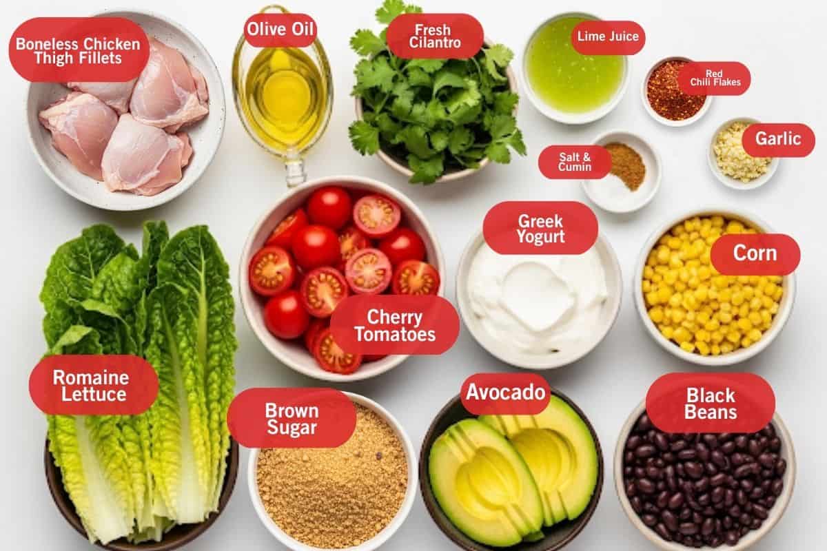 Flat lay photo of ingredient shot of boneless chicken thigh fillets, olive oil, fresh cilantro, lime juice, red chili flakes, garlic, salt and cumin, cherry tomatoes, romaine lettuce, brown sugar, avocado, black beans, greek yogurt, corn