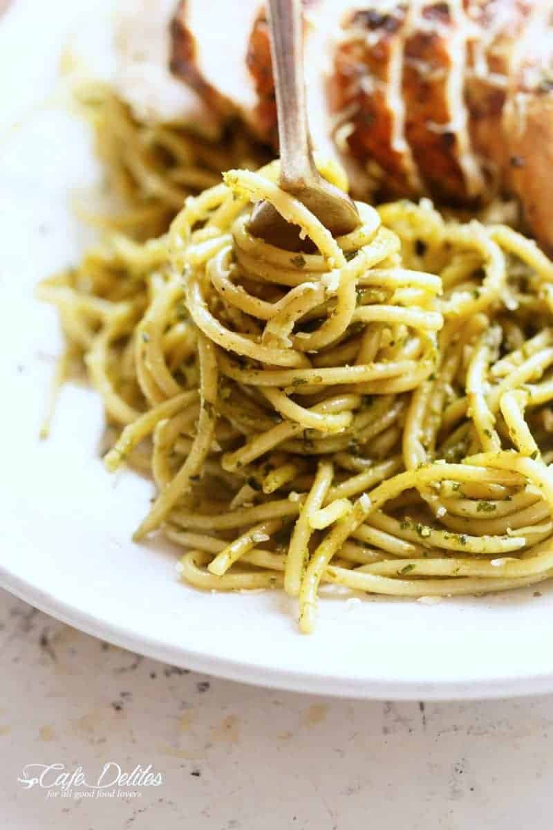 Spaghetti rolled over the fork from Basil Pesto Chicken Spaghetti
