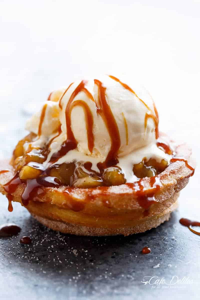 Churro Apple Pie Bowls + Caramel Sauce with ice cream scoop