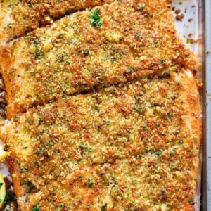 Crispy Garlic Parmesan Salmon on a baking tray