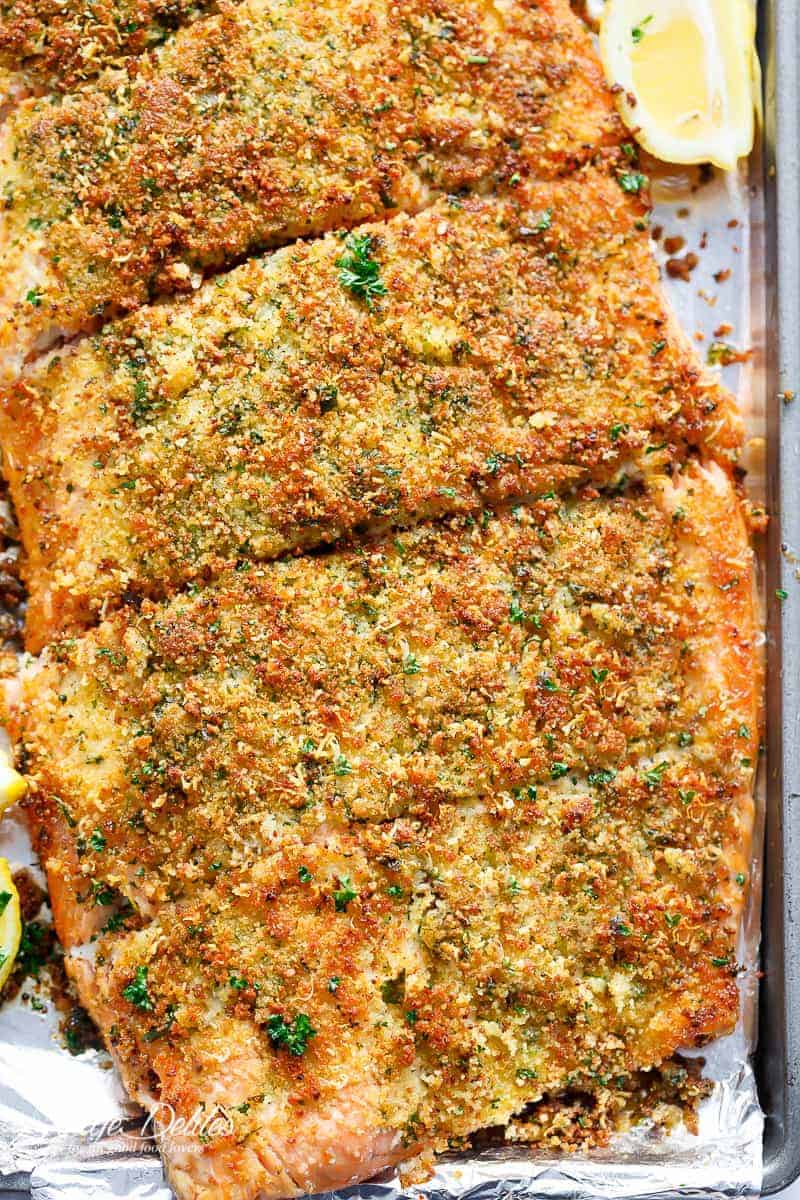 Crispy Garlic Parmesan Salmon is ready and 0n your table in less than 15 minutes, with a 5-ingredient crispy top! Restaurant quality salmon right at home! 