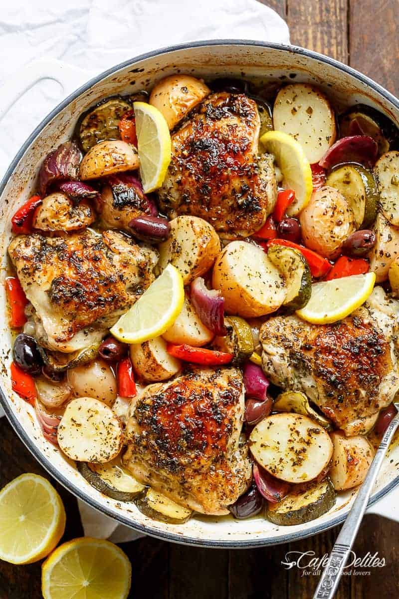 Lemon Herb Mediterranean Chicken + Potatoes in a bowl