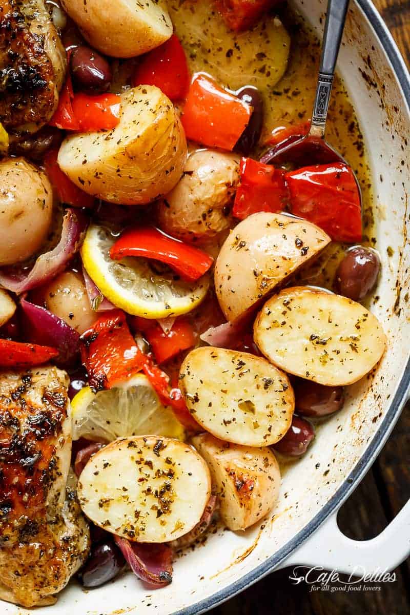 Top view image of Lemon Herb Mediterranean Chicken + Potatoes in a pot