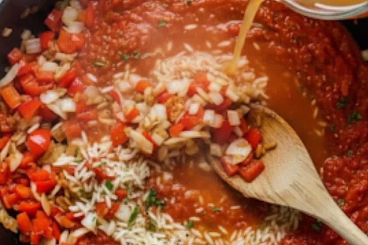 Add in sun dried tomatoes, rice, crushed tomatoes and chicken broth into the pan and season with salt and pepper and dried basil.