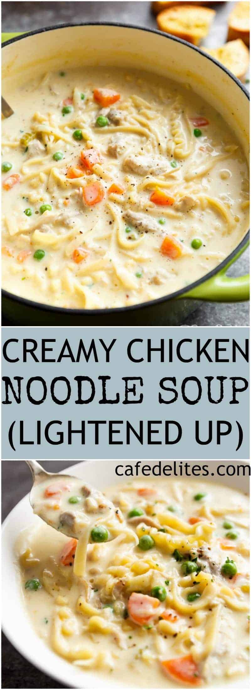PIN image of Creamy Chicken Noodle Soup in a bowl
