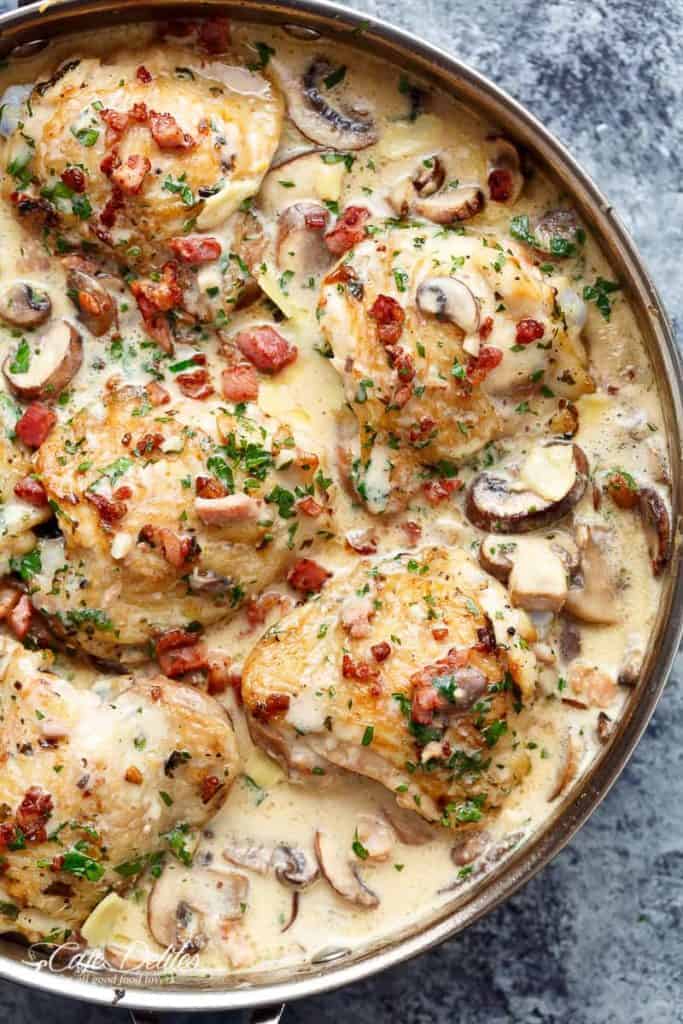 Creamy Garlic Parmesan Mushroom Chicken & Bacon in a pan