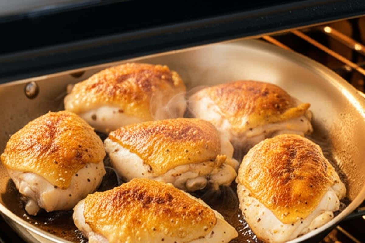 Skillet with chicken in the oven.