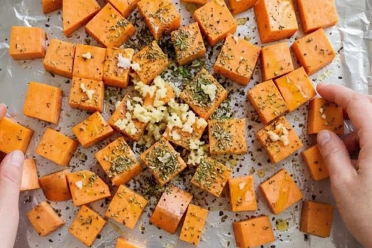 Spread the sweet potatoes on the tray and toss with 1 tablespoon oil, garlic, herbs, salt, and pepper.