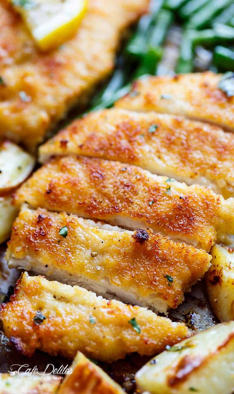 Slices of Crispy Sheet Pan Lemon Parmesan Garlic Chicken & Veggies 