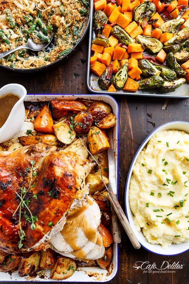 One Pan Juicy Herb Roasted Turkey & Potatoes, with a flavourful gravy made with only 3 ingredients, just in time for Thanksgiving menu planning!