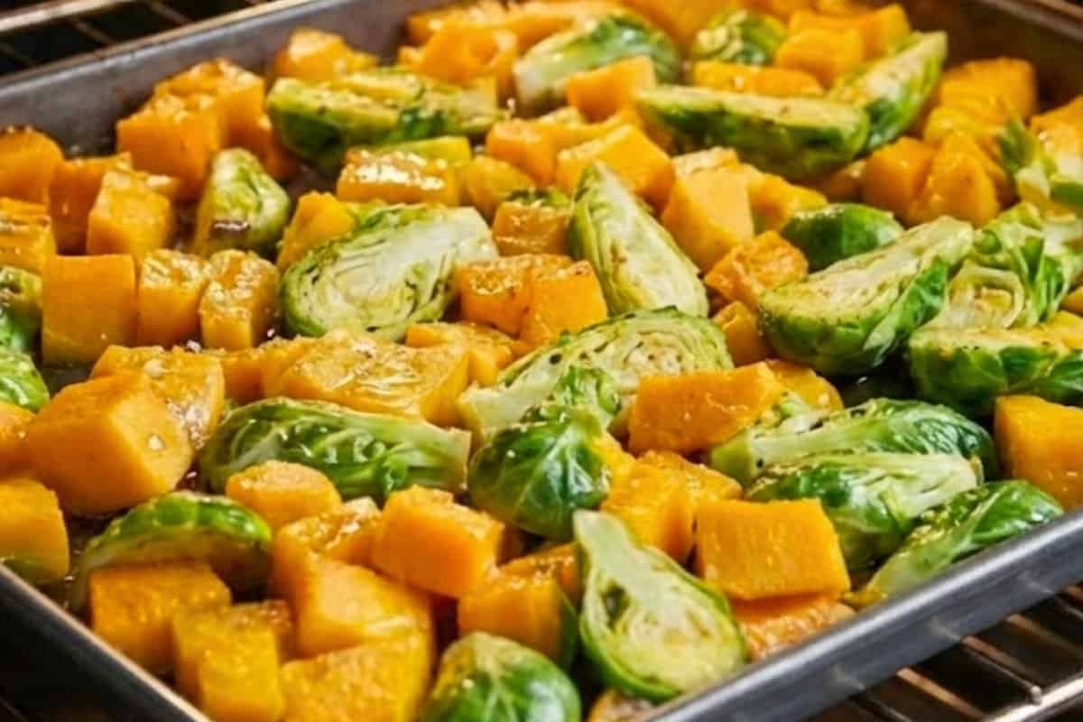 Roast for 45 minutes until the sprouts are slightly charred and the squash is fork tender.