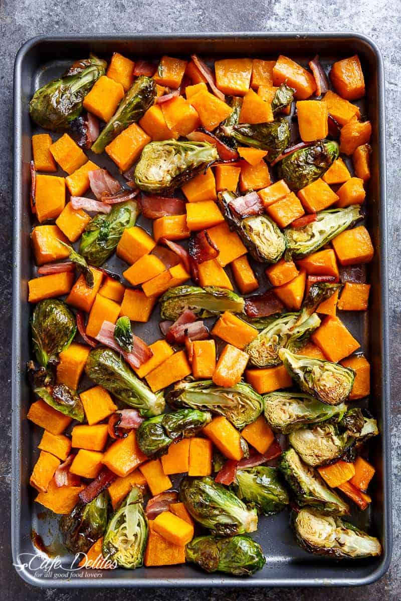 Honey Roasted Butternut Squash & Brussels Sprouts With Bacon on a baking tray