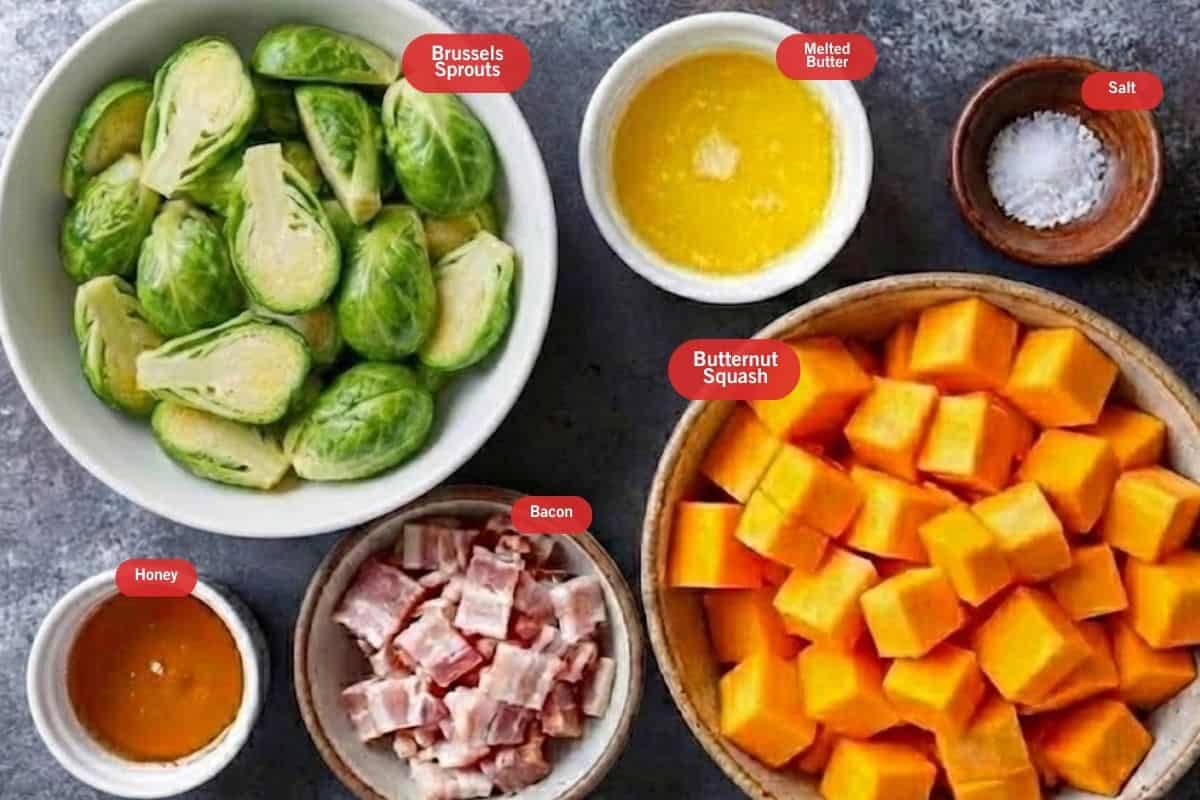 Flat lay photo of ingredient shot of Brussels sprouts, melted butter, salt, butternut squash, bacon, honey