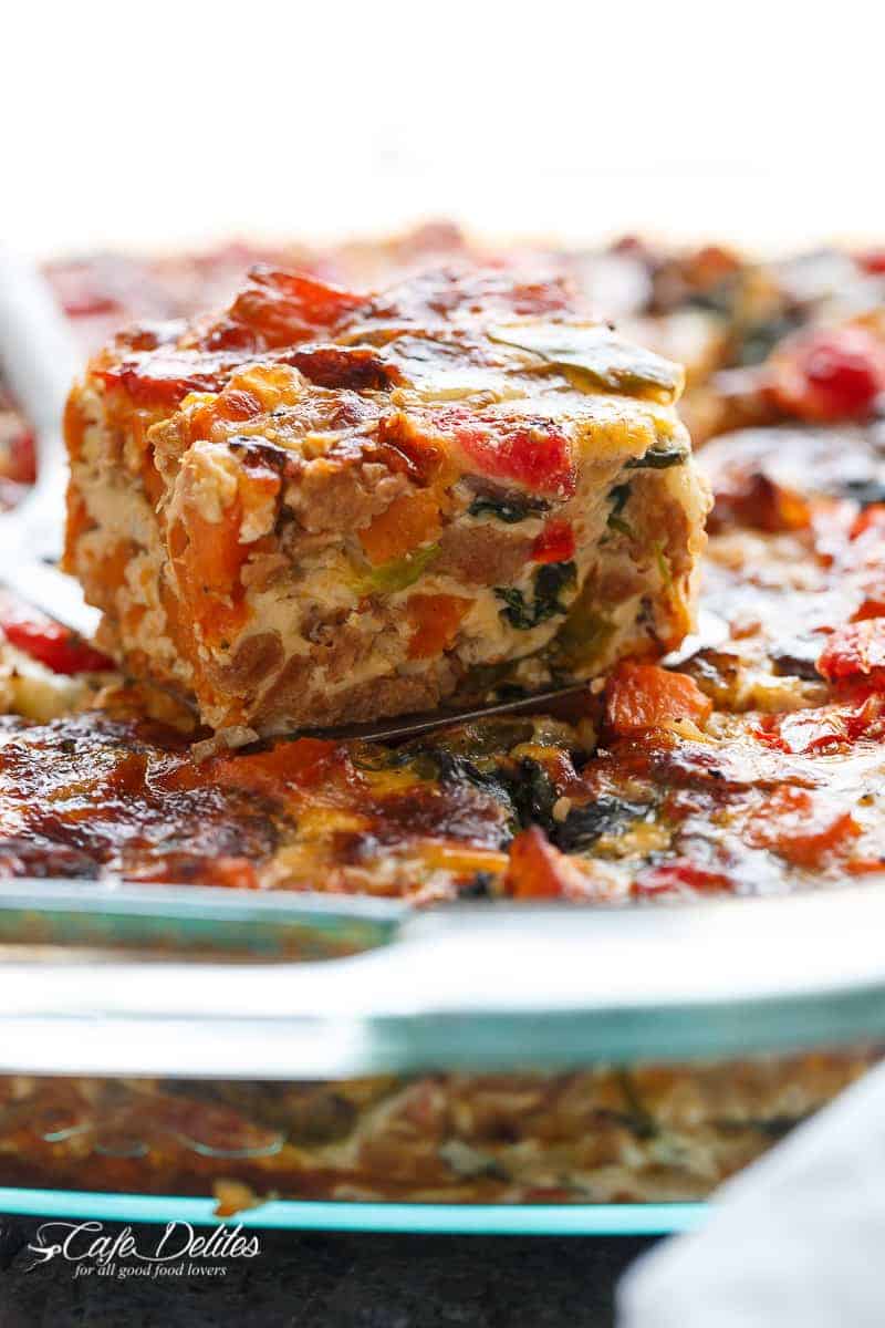 A piece taken out from Sweet Potato Hashbrown Breakfast Casserole