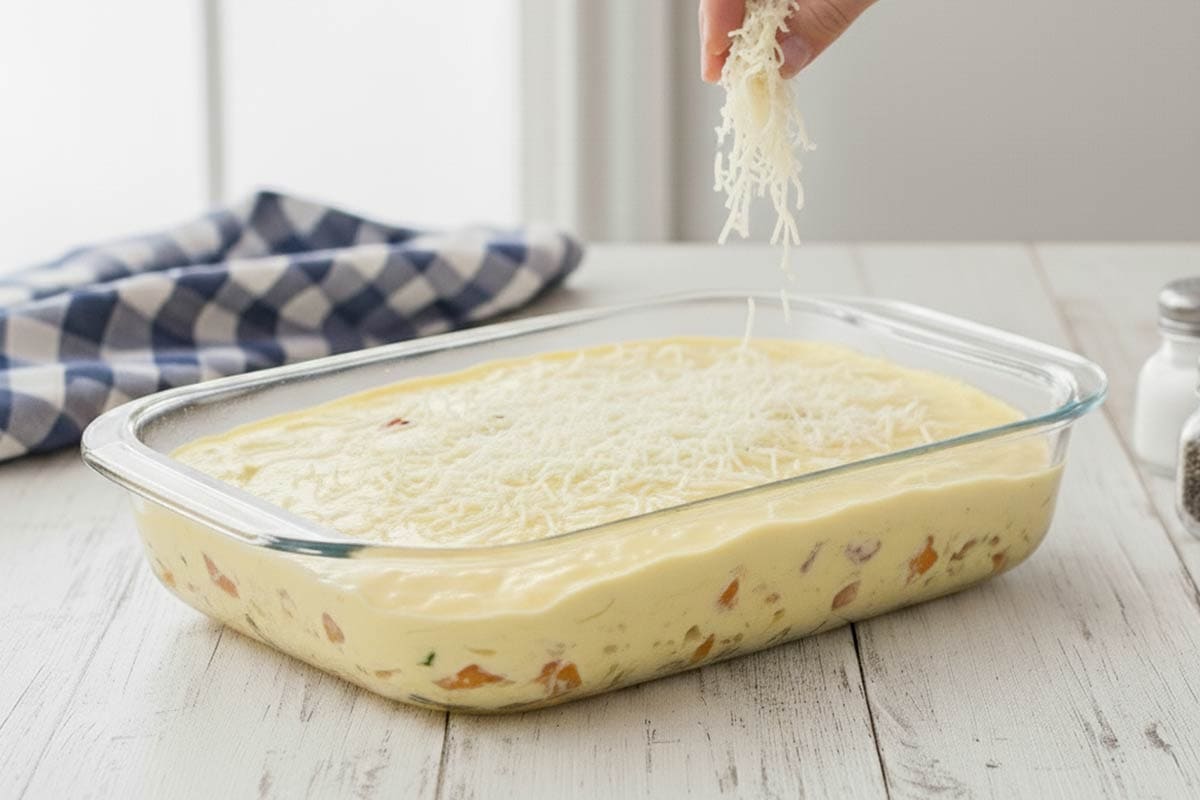 Poured the egg mixture in the baking dish then sprinkled the cheese on top.