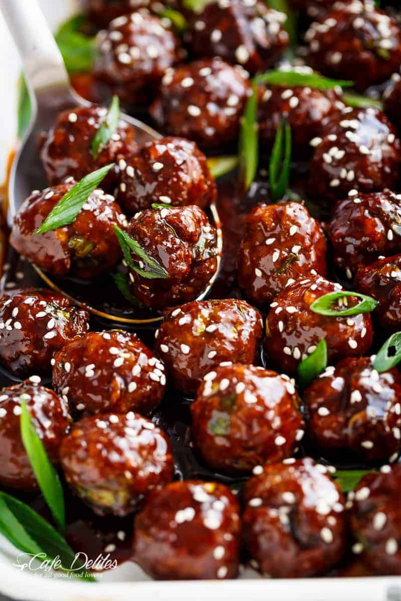 Mongolian Glazed Meatballs in spoon