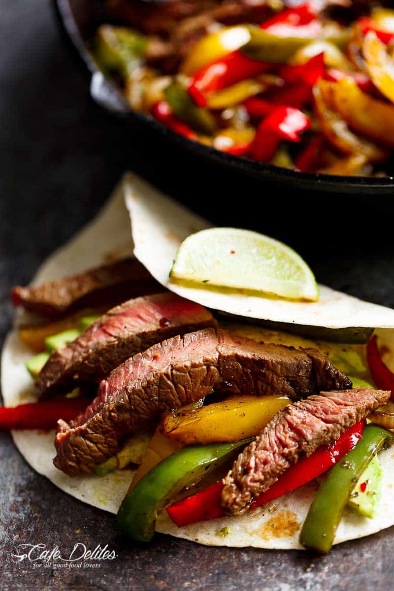 Chili Lime Steak Fajitas in tortilla