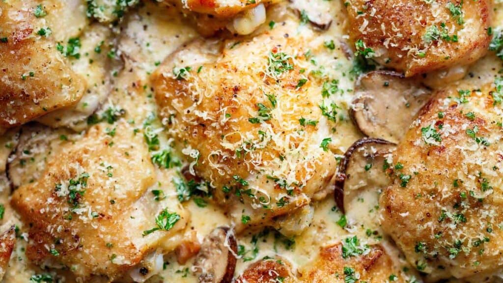 close up of chicken with mushroom sauce in a pan