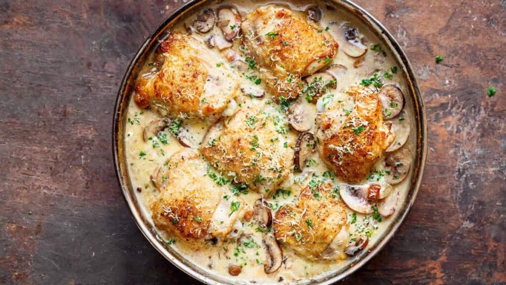 chicken with mushroom sauce in a pan
