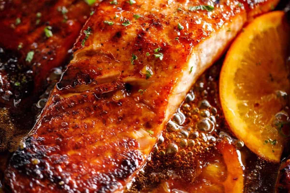 Close-up shot of Crispy Honey Orange Glazed Salmon.