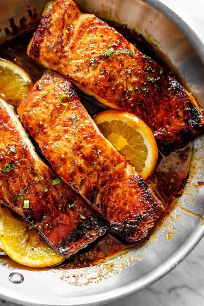 3 pieces of Crispy Honey Orange Glazed Salmon 