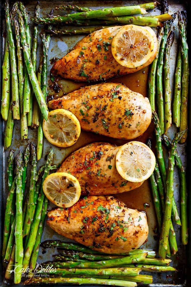 4 pieces of One Pan Honey Lemon Chicken Asparagus